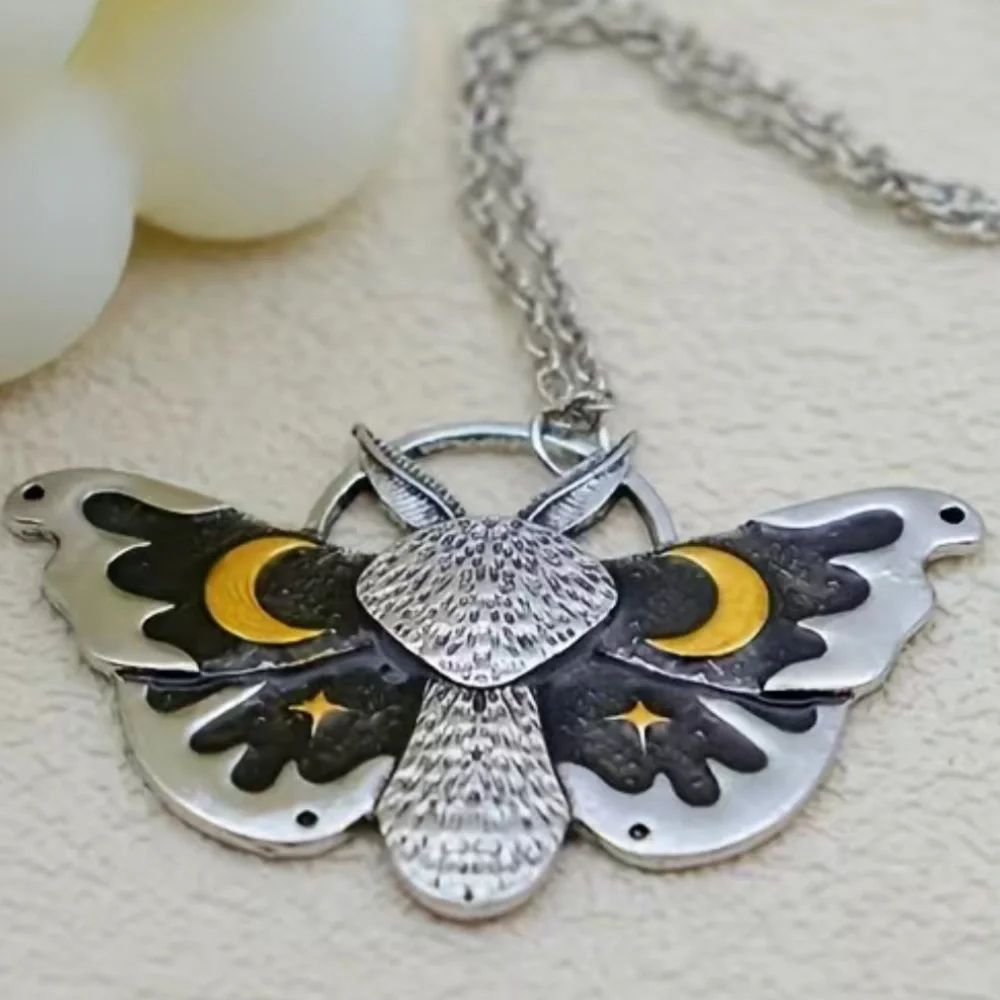 Moth crescent moon silver necklace